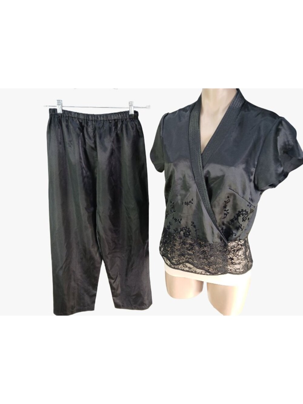 Oscar De La Renta Pink Label Black Satin Pajama Set Size M Wrap Lace Jaquard
